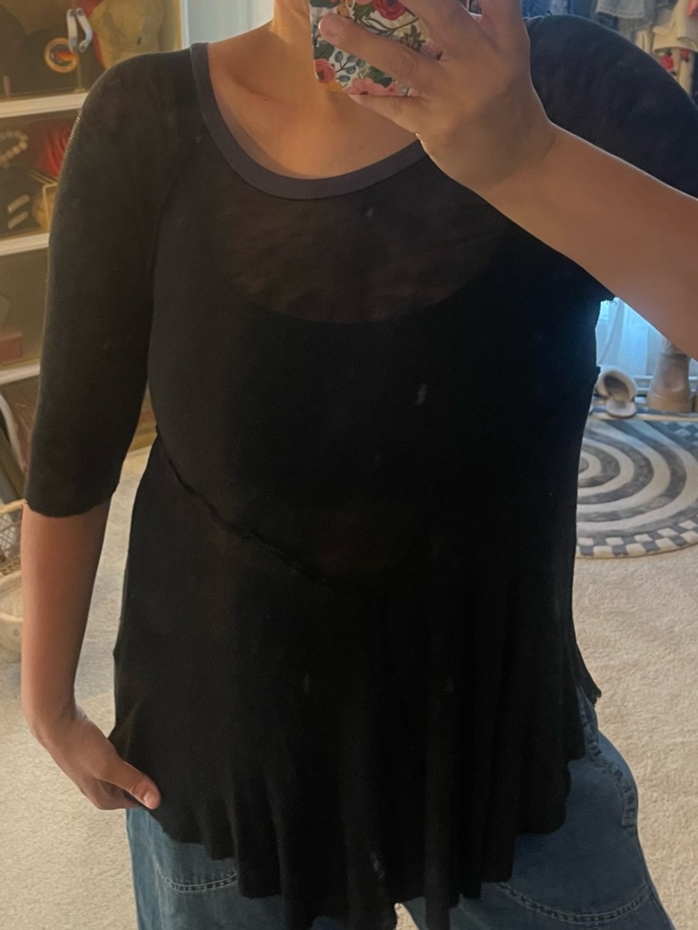 Free People Black Short-Sleeve Scoop Neck Tunic with Purple Trim